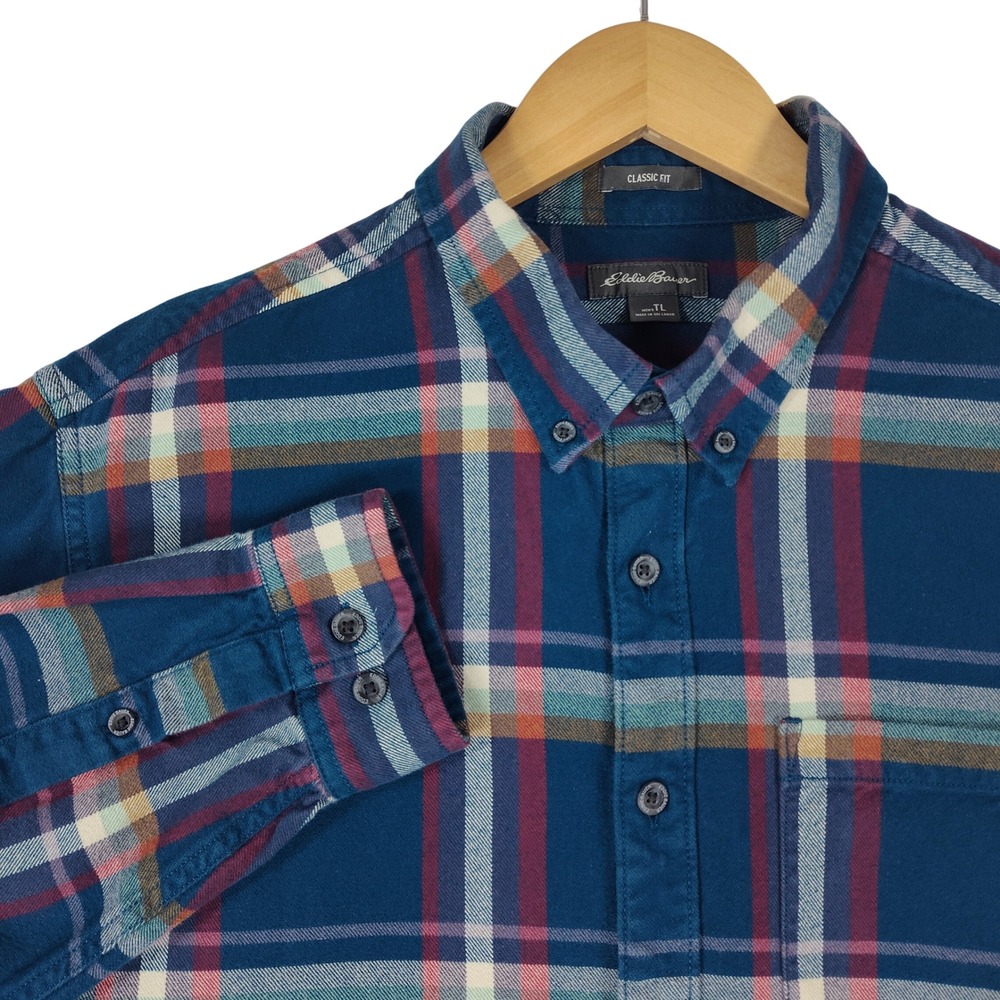 Eddie Bauer Mens Tall XL Blue Plaid Flannel Shirt Classic Fit Long Sleeve Cotton